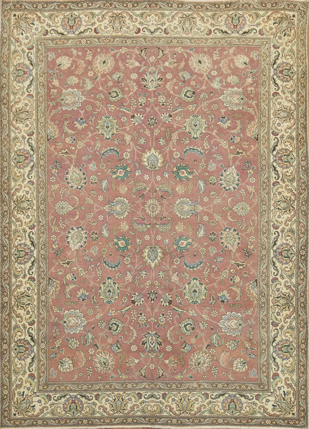 Vintage Pink Tabriz Persian Floral Area Rug with Classic Border Design 8x11 ft