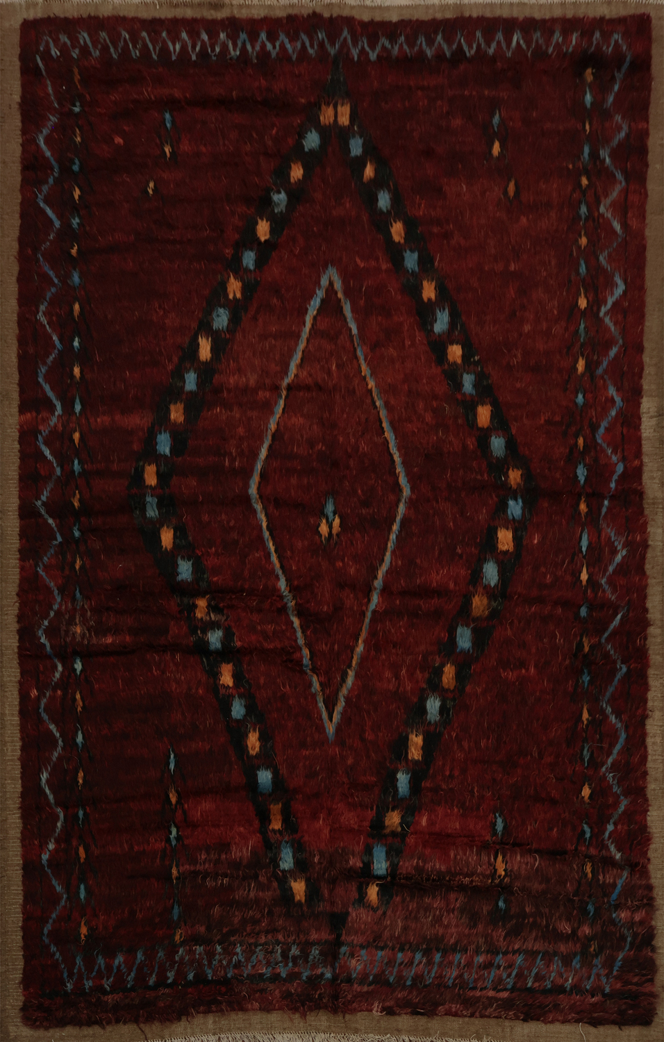Moroccan Area Rug 7x10 with Deep Red and Dynamic Diamond Motif