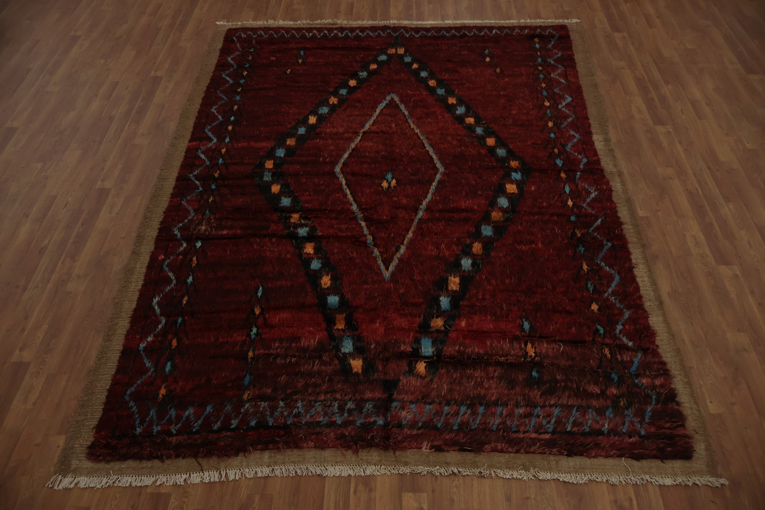 Moroccan Area Rug 7x10 with Deep Red and Dynamic Diamond Motif