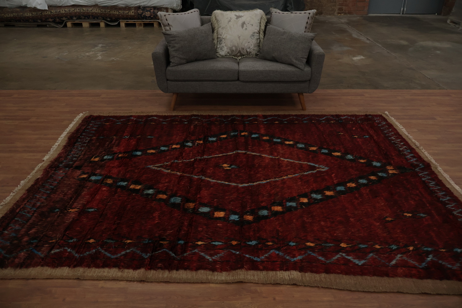 Moroccan Area Rug 7x10 with Deep Red and Dynamic Diamond Motif