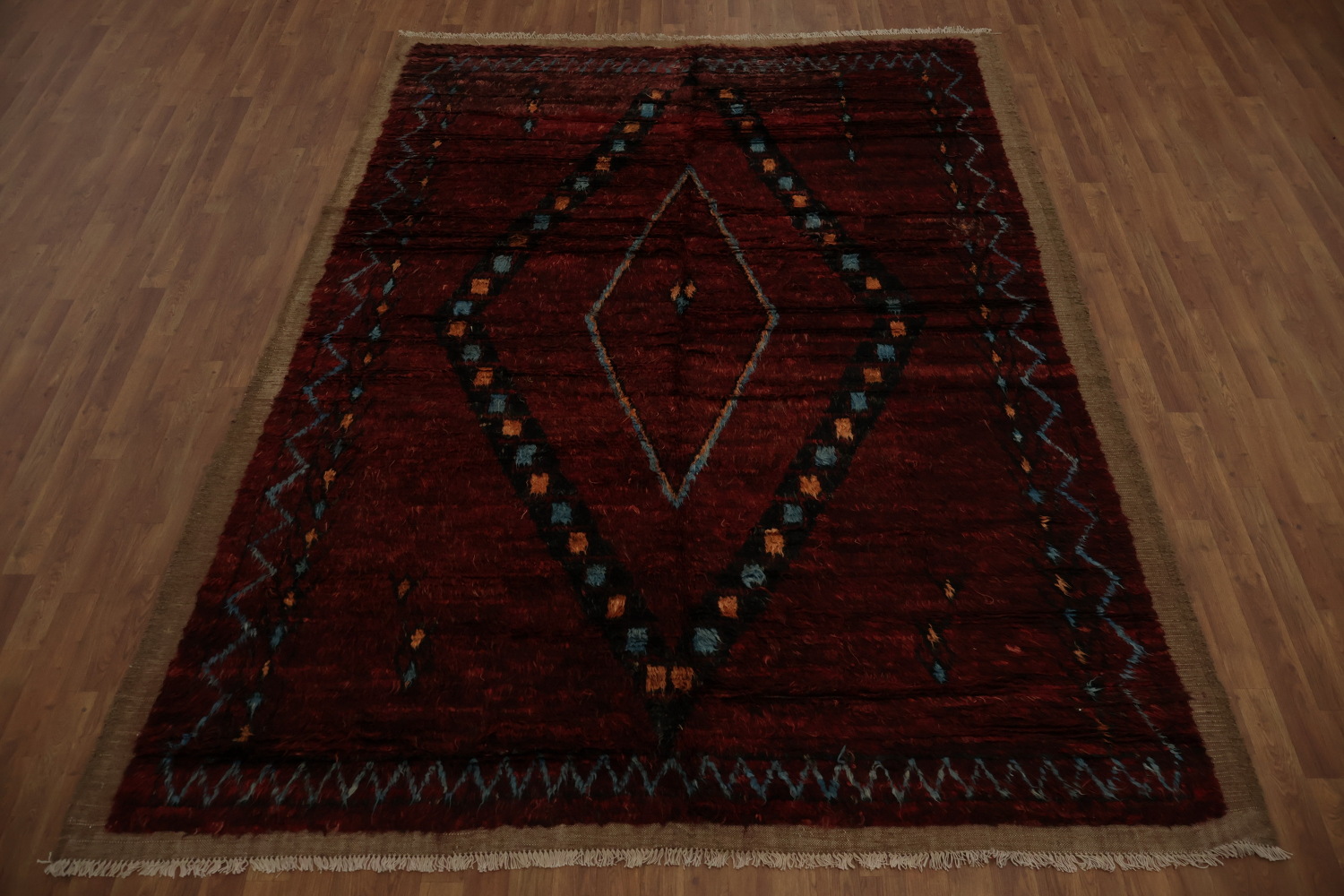 Moroccan Area Rug 7x10 with Deep Red and Dynamic Diamond Motif