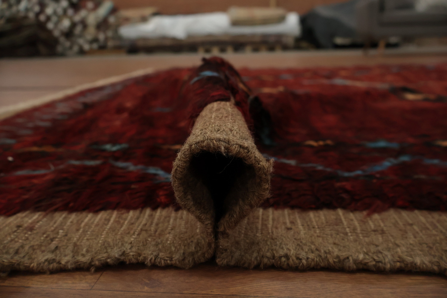 Moroccan Area Rug 7x10 with Deep Red and Dynamic Diamond Motif