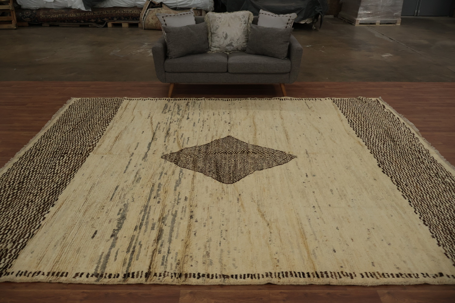 Neutral Toned Moroccan Area Rug 9x12 with Intricate Central Detail