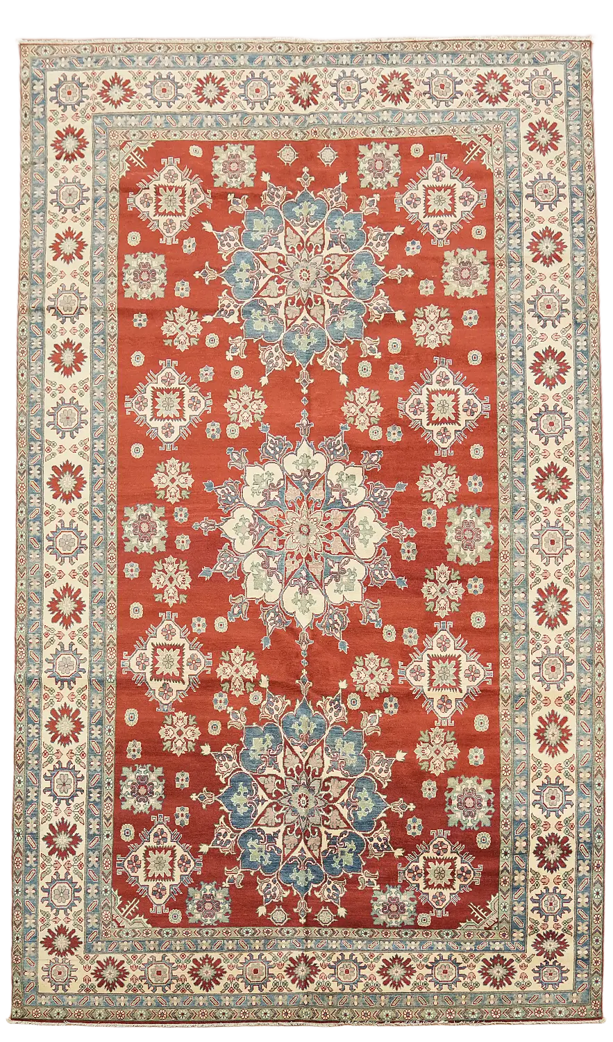 Traditional Red and Blue Kazak Pakistani Large Rug 10'x17'