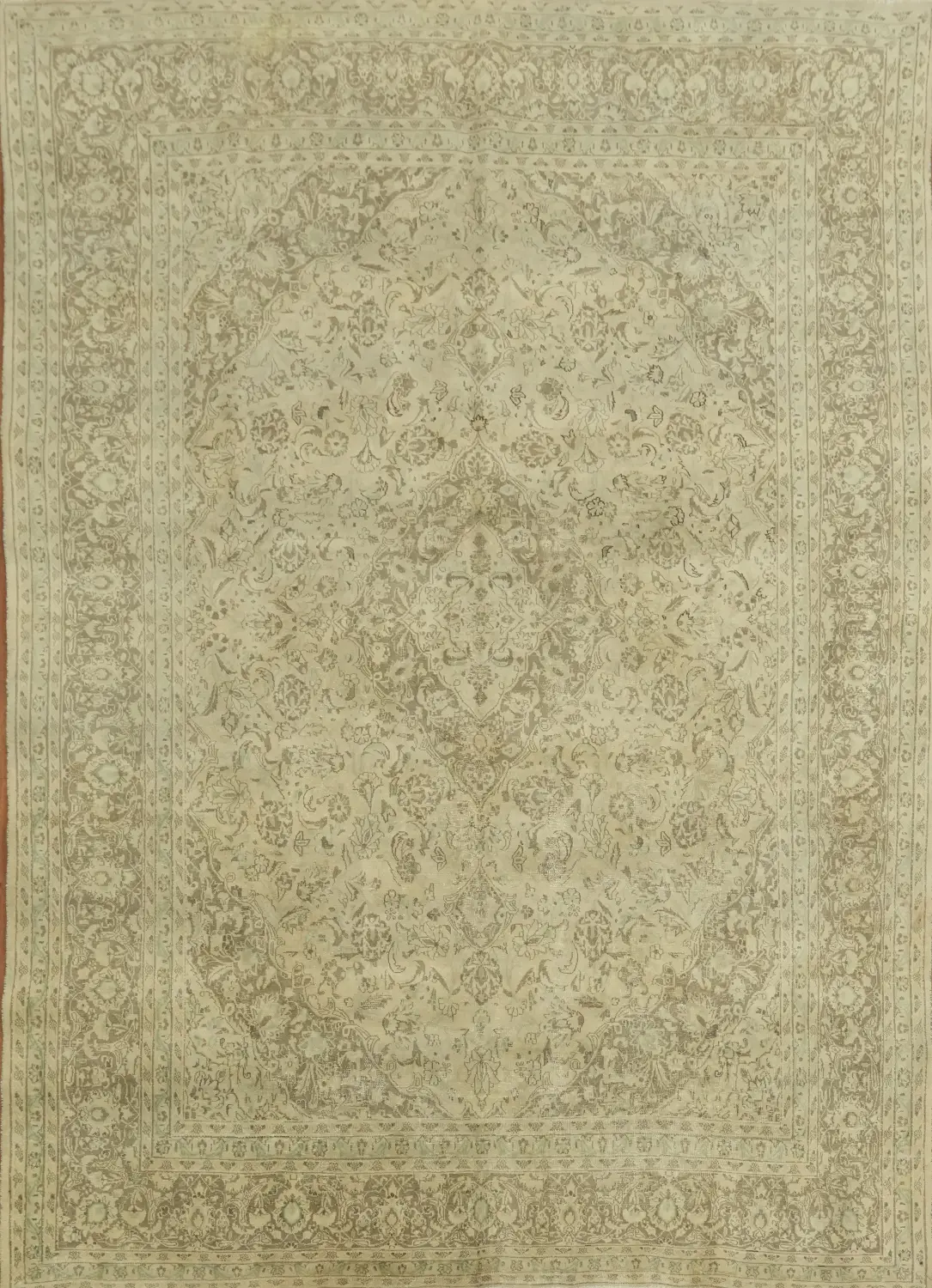 Vintage Distressed Beige Mashad Persian Area Rug 10x13