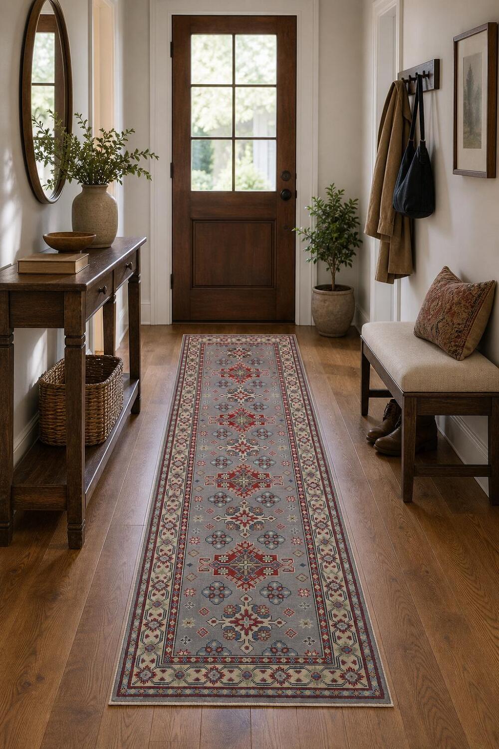 Gray Wool Kazak Geometric Runner Rug 3x10
