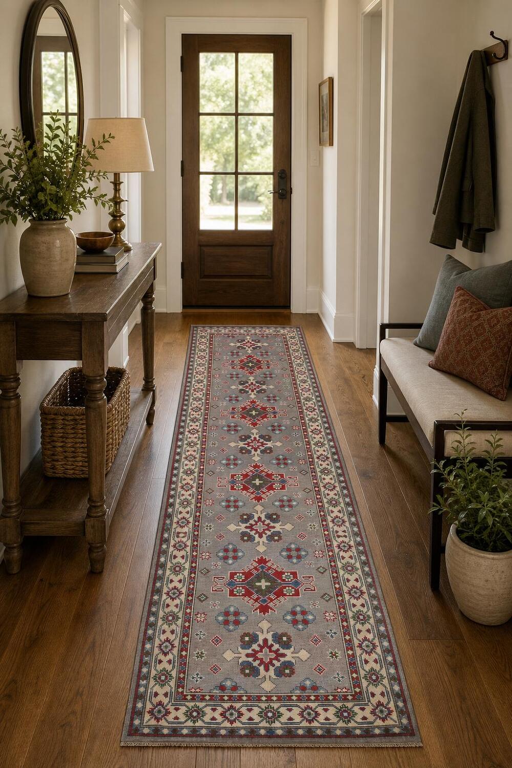Geometric Gray Kazak Runner Rug 3x10