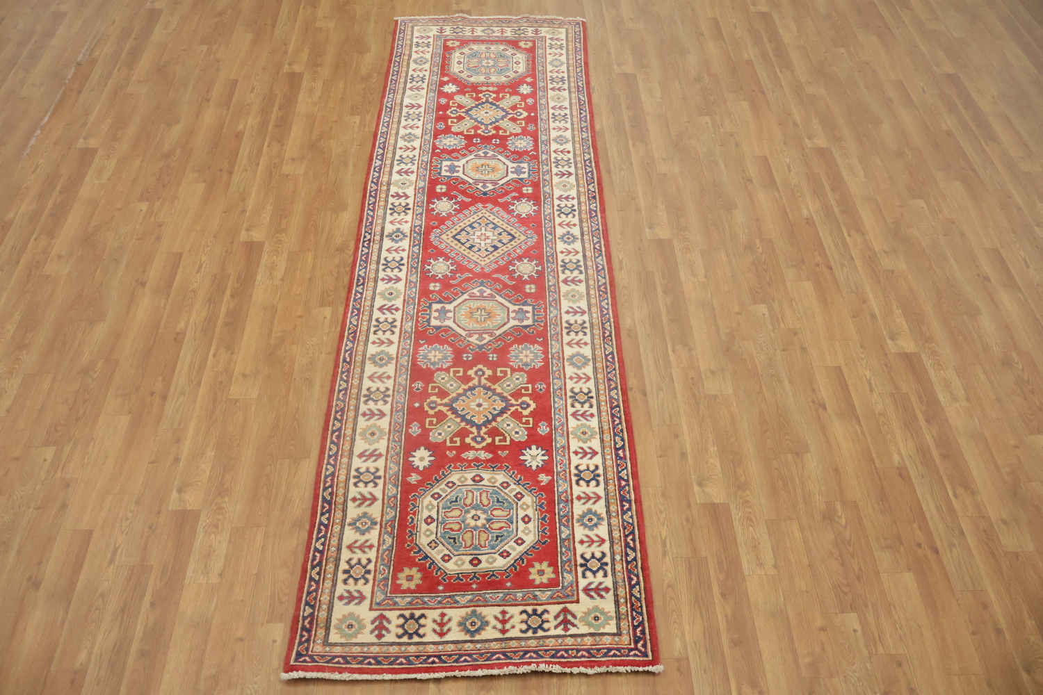 Red Wool Kazak Geometric Runner Rug 3x9