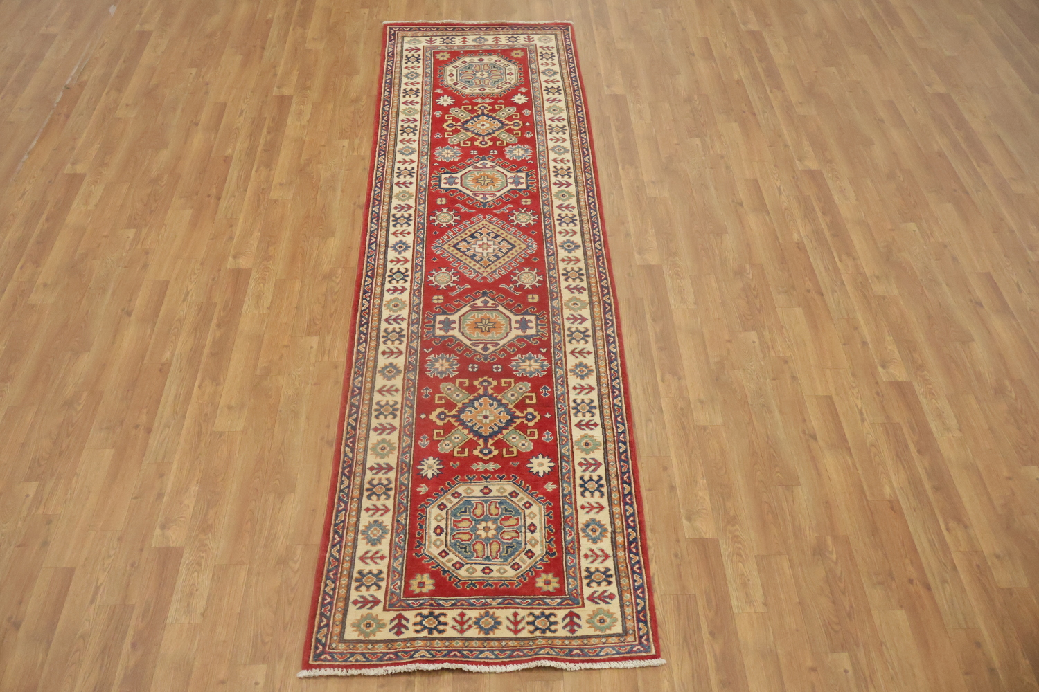 Red Wool Kazak Geometric Runner Rug 3x9