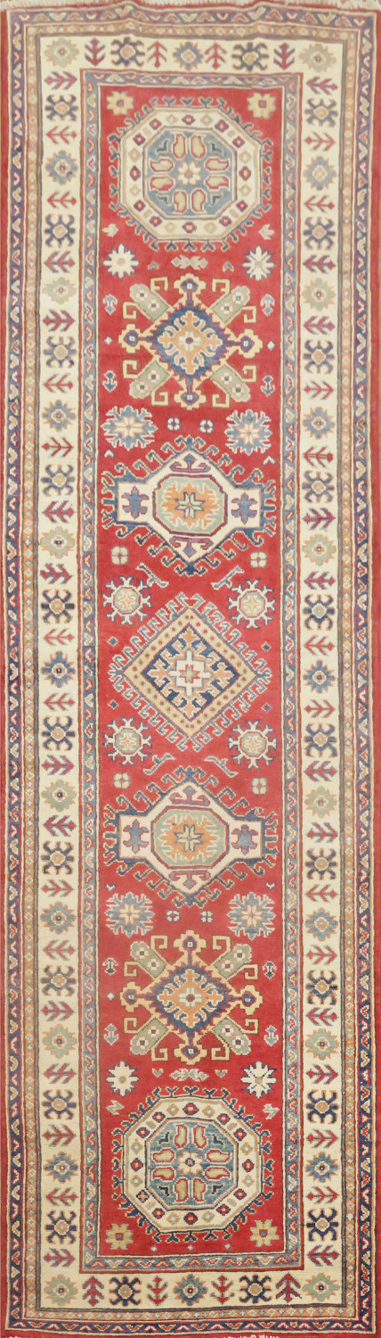 Red Wool Kazak Geometric Runner Rug 3x9