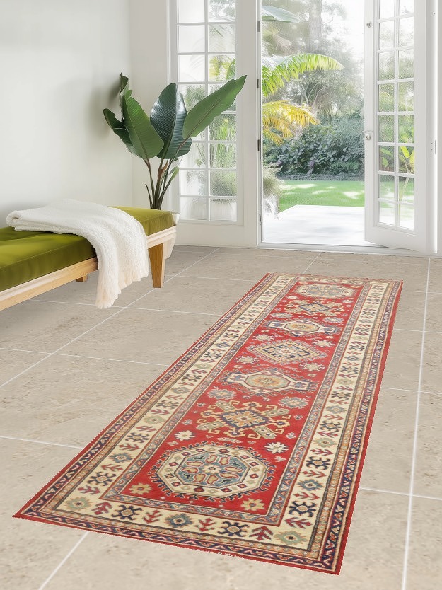 Red Wool Kazak Geometric Runner Rug 3x9