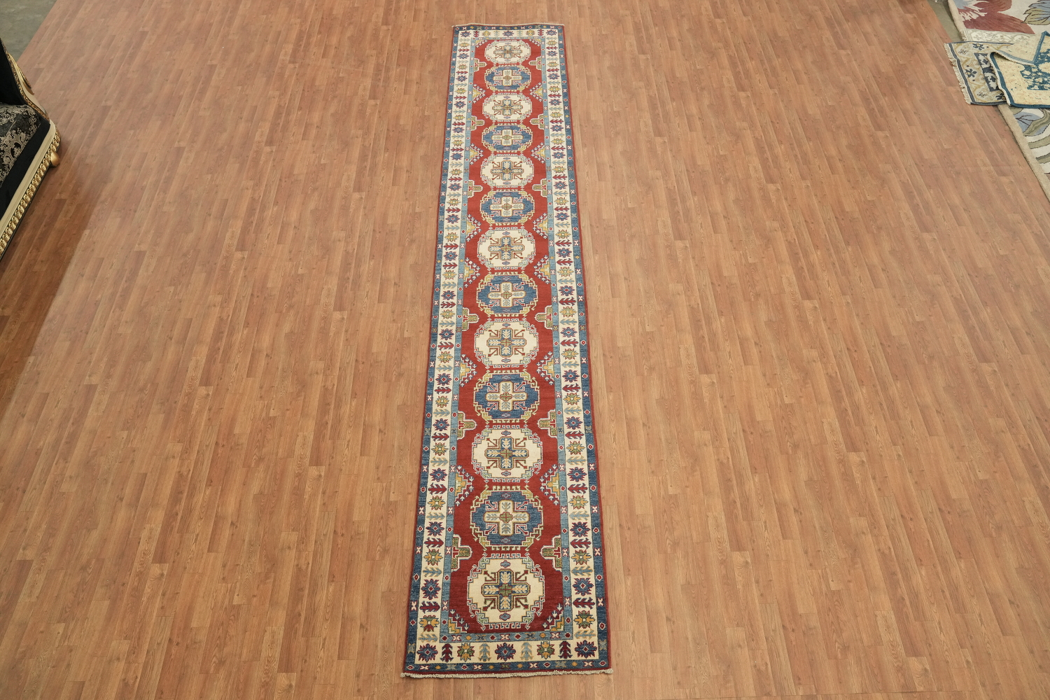 Geometric Kazak Handmade Runner Rug 3x16