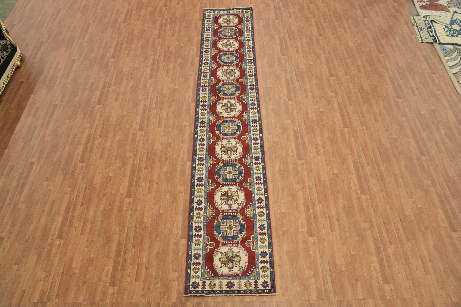 Geometric Kazak Handmade Runner Rug 3x16