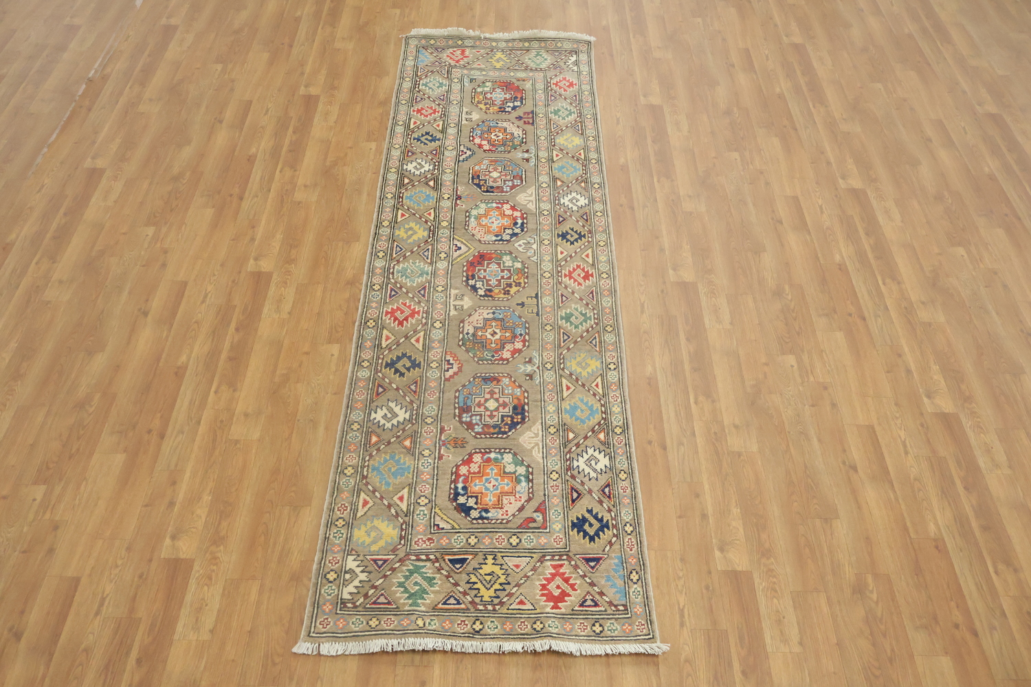 Brown Wool Kazak Oriental Runner Rug 3x9