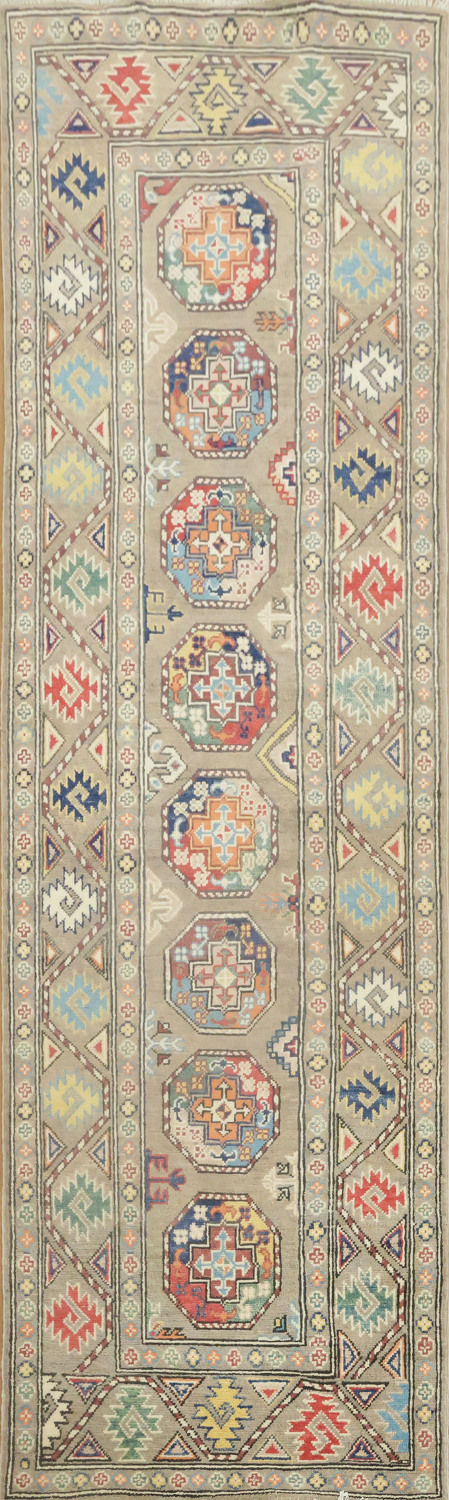 Brown Wool Kazak Oriental Runner Rug 3x9