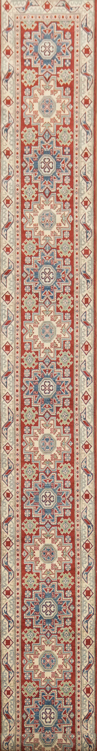 Handmade Kazak Geometric Runner Rug 3x19