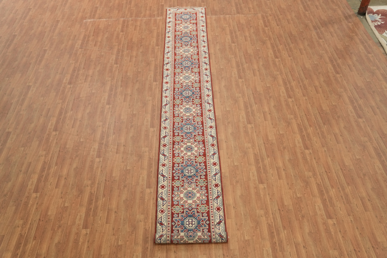 Handmade Kazak Geometric Runner Rug 3x19
