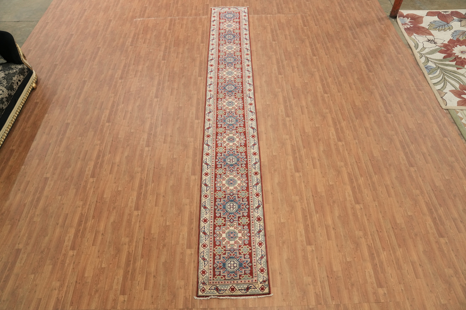 Handmade Kazak Geometric Runner Rug 3x19