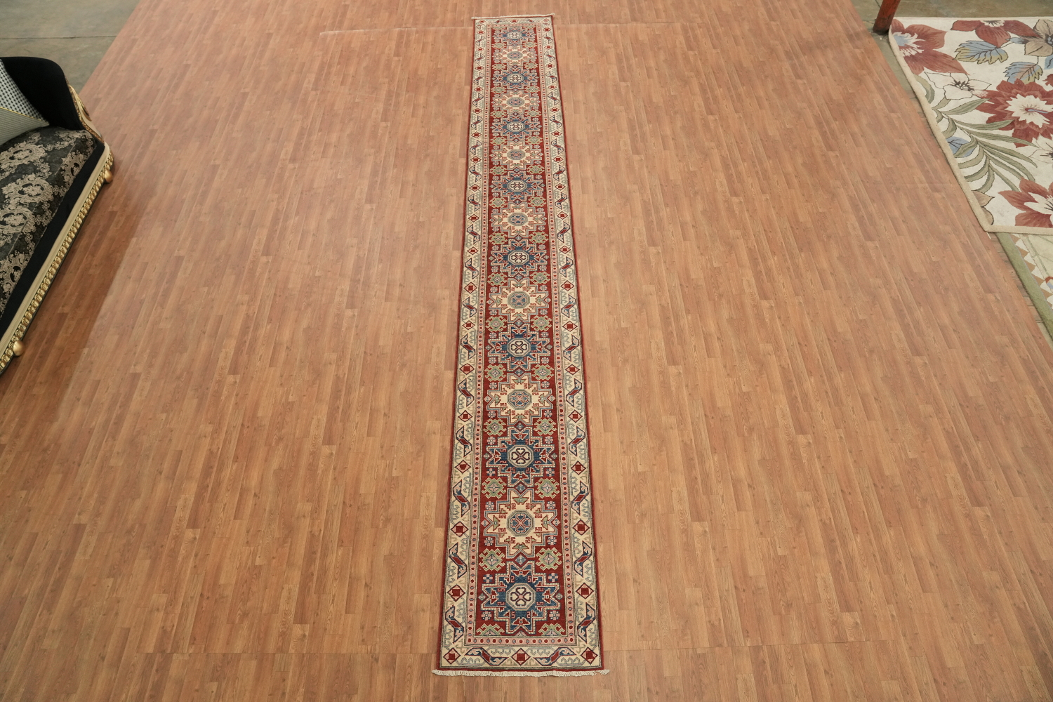 Handmade Kazak Geometric Runner Rug 3x19