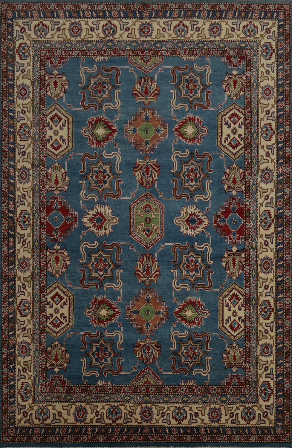 Handcrafted Blue Kazak Large Area Rug 9x12 with Geometric Patterns