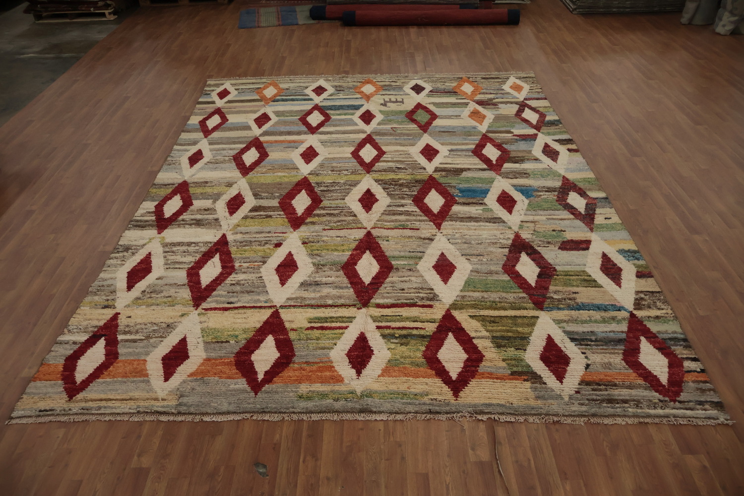 Colorful Moroccan Large Area Rug 10x14 with Bold Diamond Accents