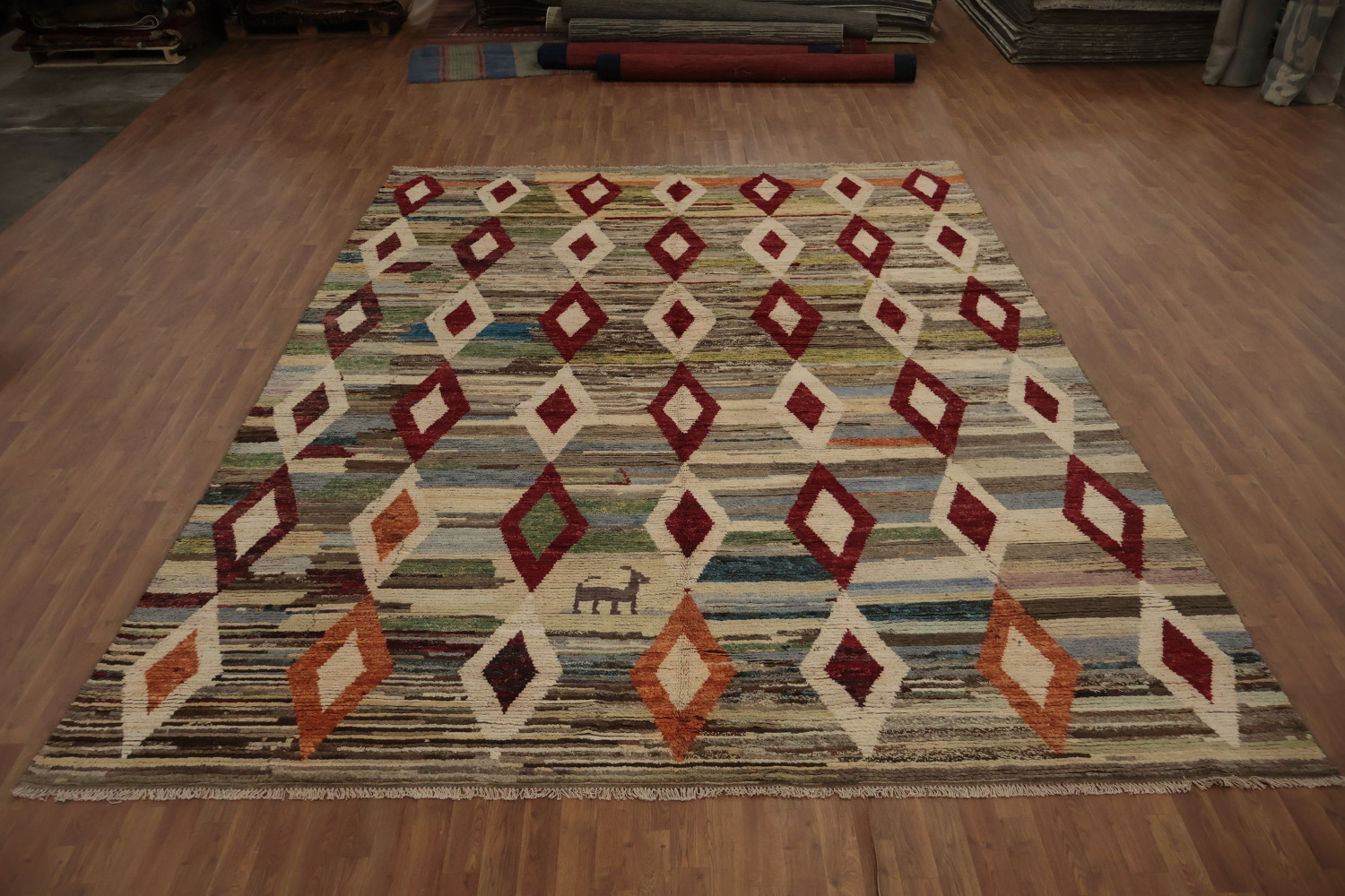 Colorful Moroccan Large Area Rug 10x14 with Bold Diamond Accents
