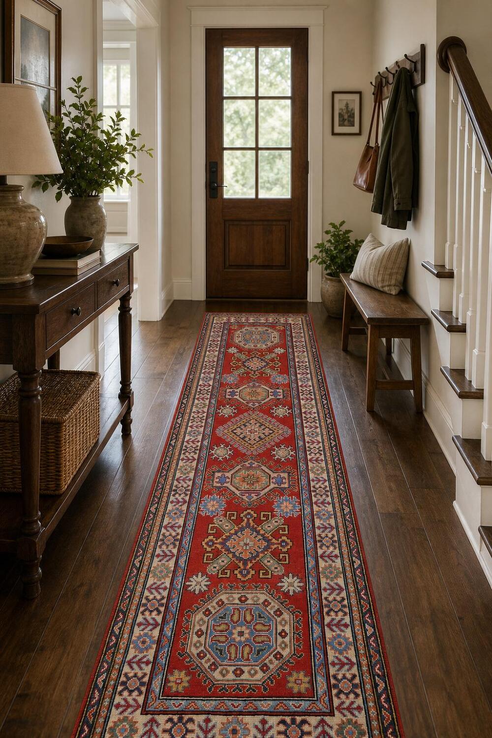Geometric Kazak Red Runner Rug 3x10