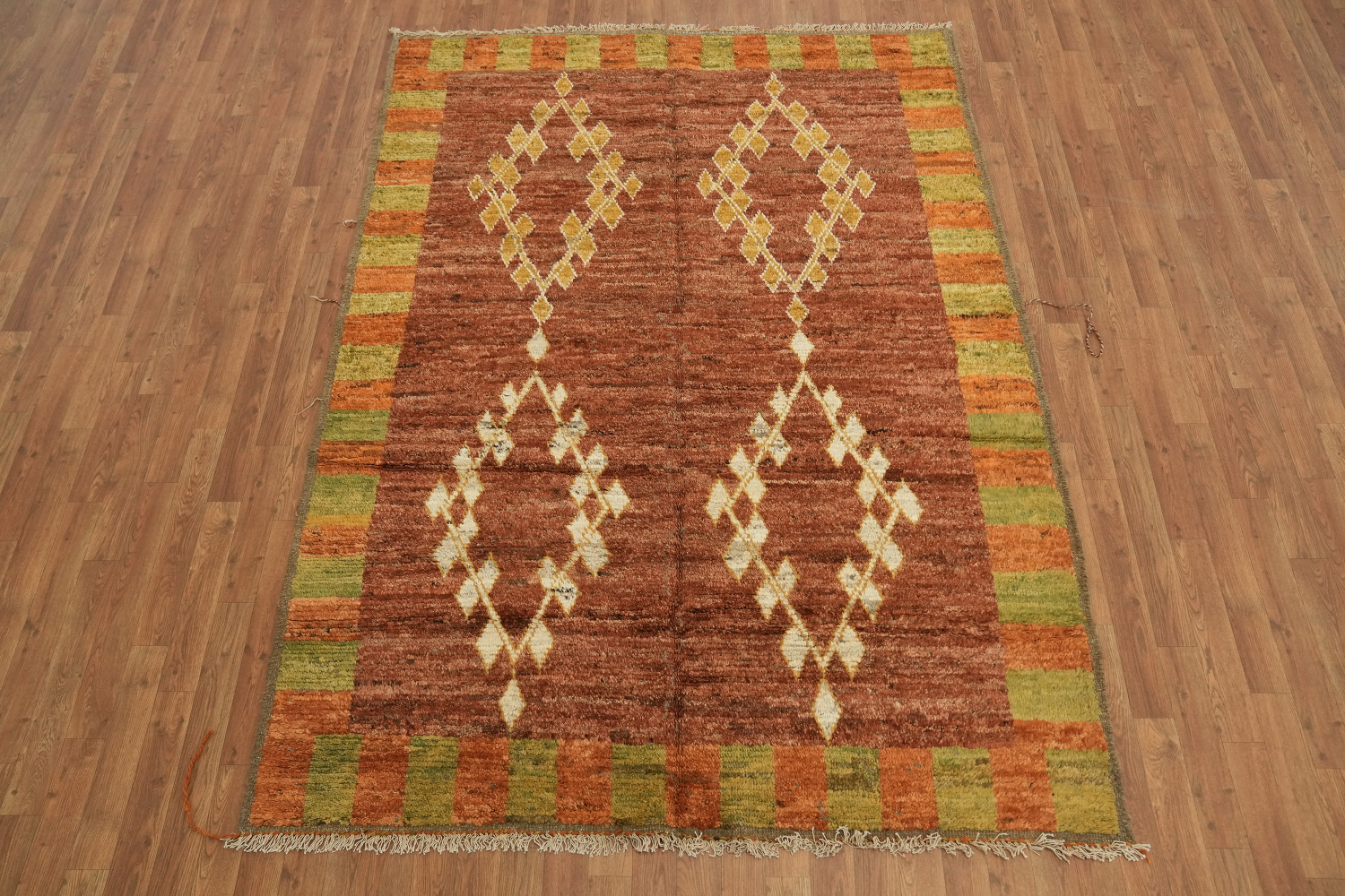 Rustic Moroccan Rug with Symmetrical Diamond Motifs and Warm Colors 6x8