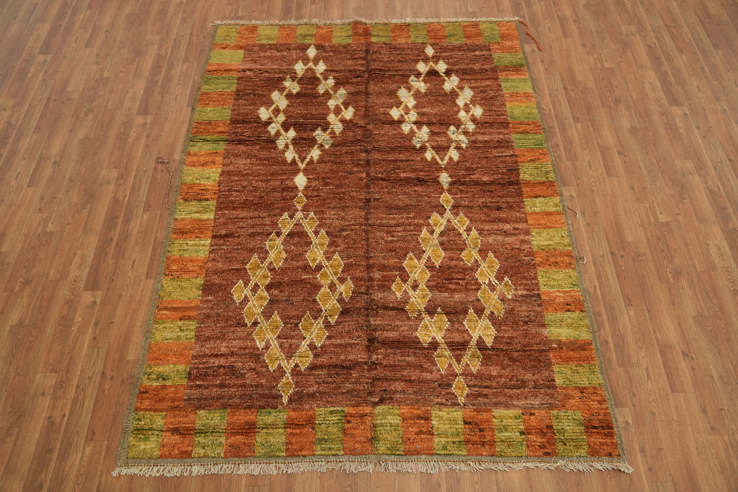Rustic Moroccan Rug with Symmetrical Diamond Motifs and Warm Colors 6x8