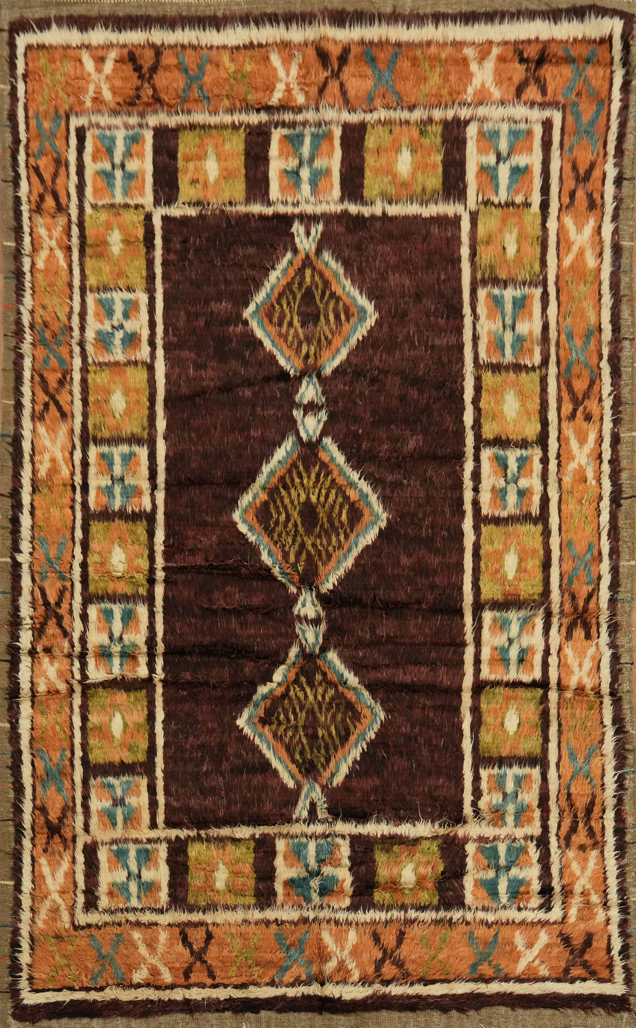 Handcrafted Tribal Design Dark Maroon Moroccan Rug 6x10