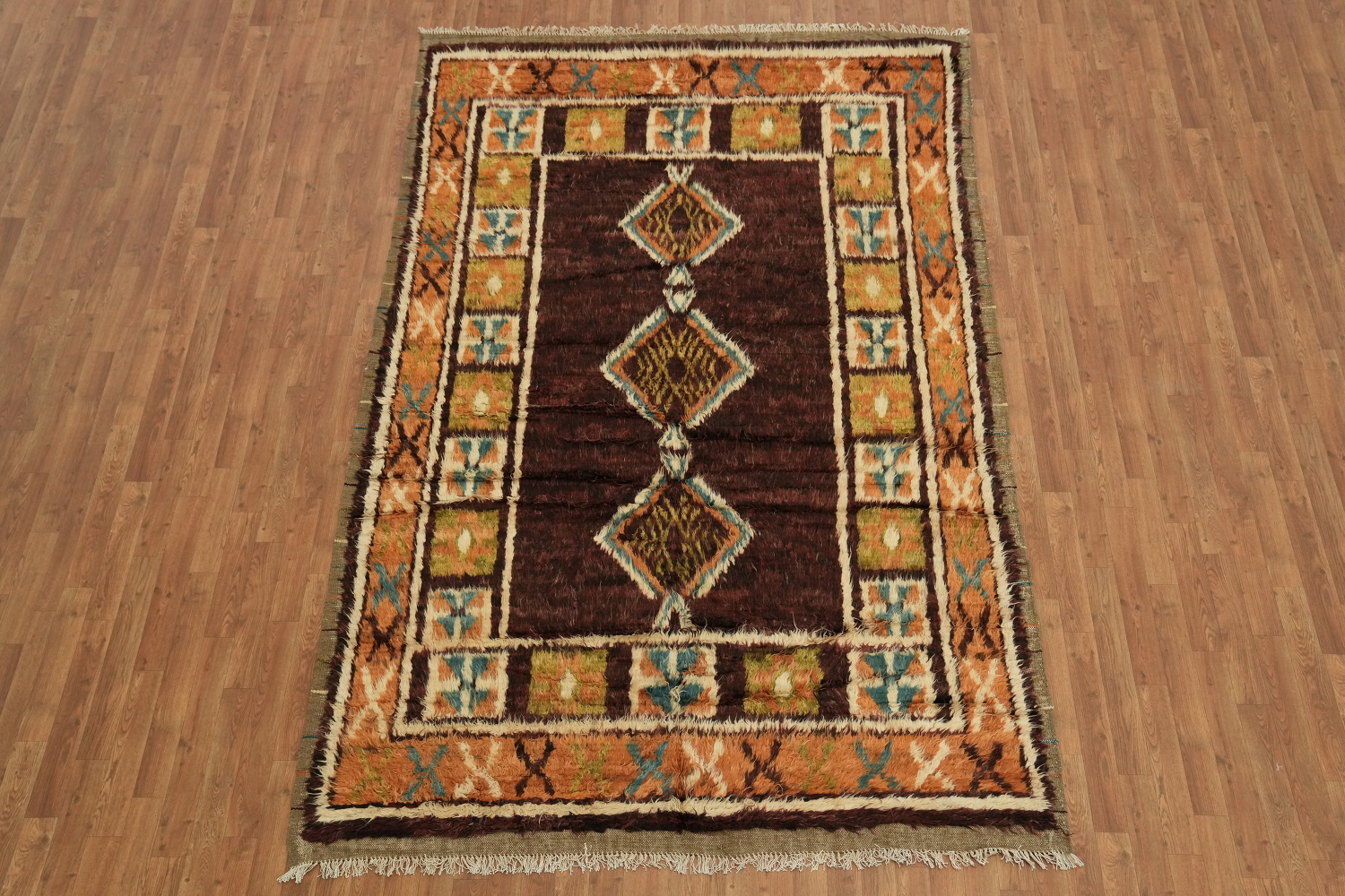 Handcrafted Tribal Design Dark Maroon Moroccan Rug 6x10