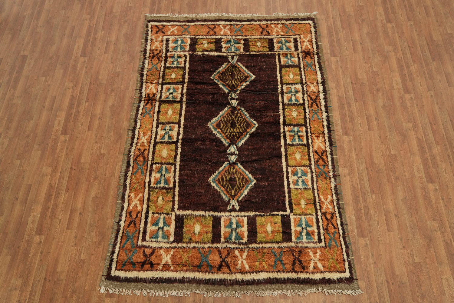 Handcrafted Tribal Design Dark Maroon Moroccan Rug 6x10