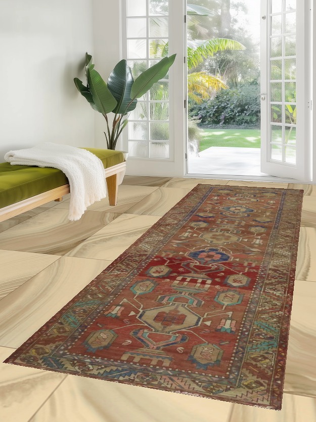 Geometric Wool Heriz Persian Runner Rug 3x11