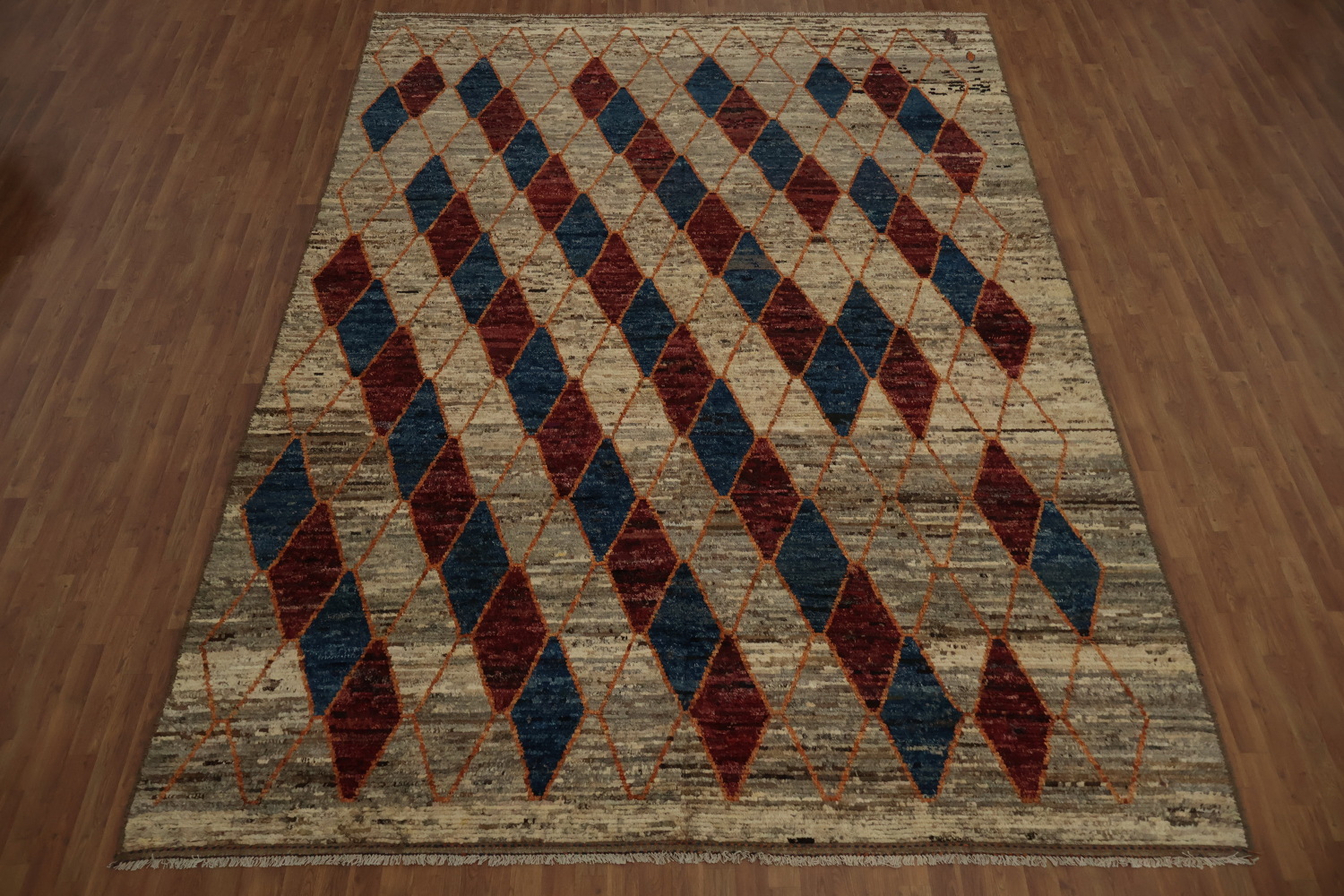 Artistic Moroccan Large Rug 10x14 with Red and Blue Diamond Motifs