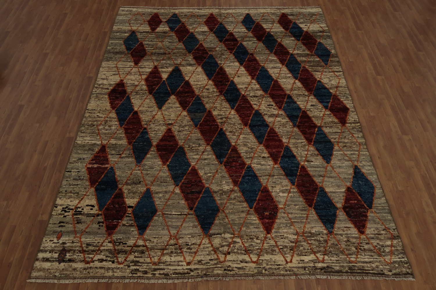 Artistic Moroccan Large Rug 10x14 with Red and Blue Diamond Motifs