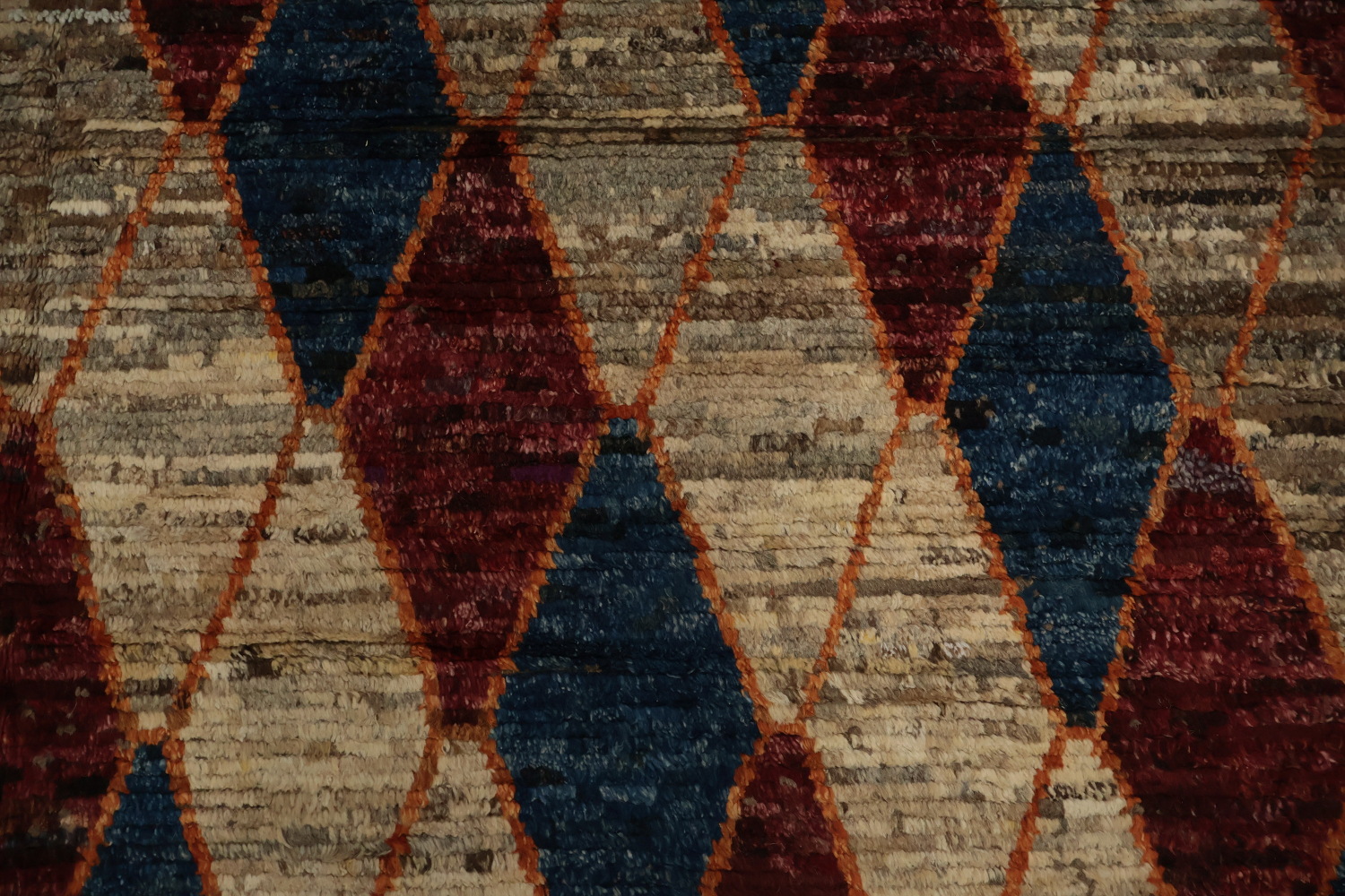 Artistic Moroccan Large Rug 10x14 with Red and Blue Diamond Motifs