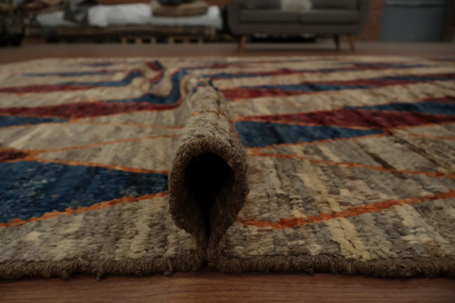 Artistic Moroccan Large Rug 10x14 with Red and Blue Diamond Motifs