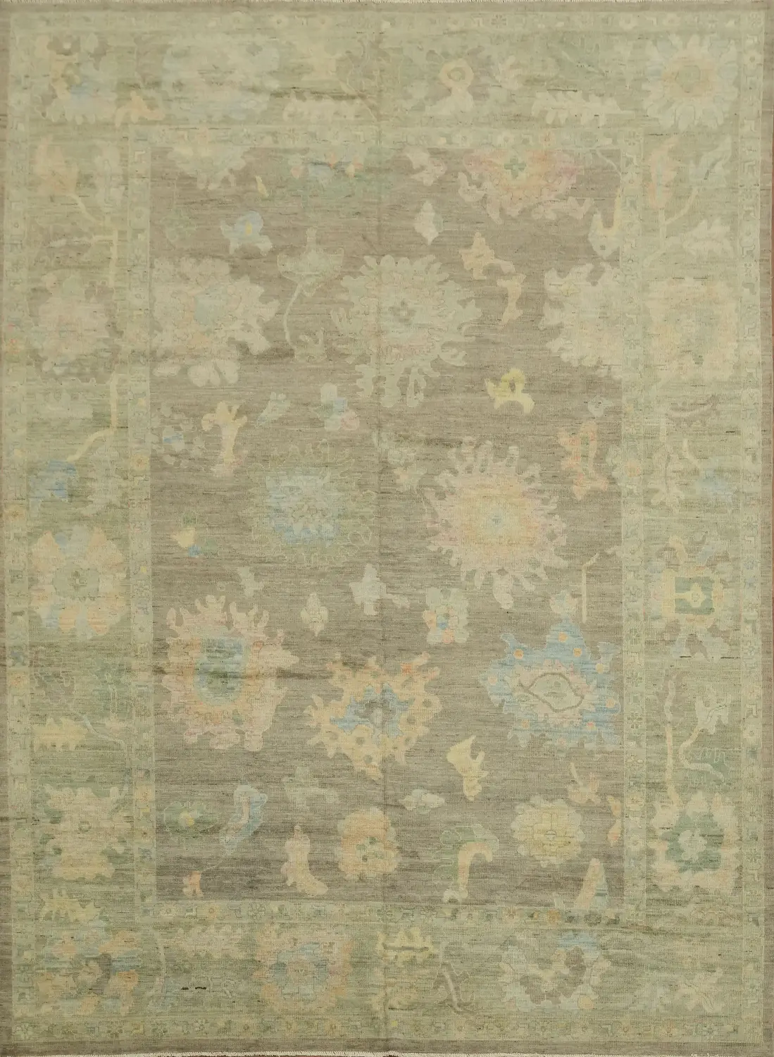 Vegetable Dye Oushak Turkish Floral Rug with Soft Green Hue 10x14