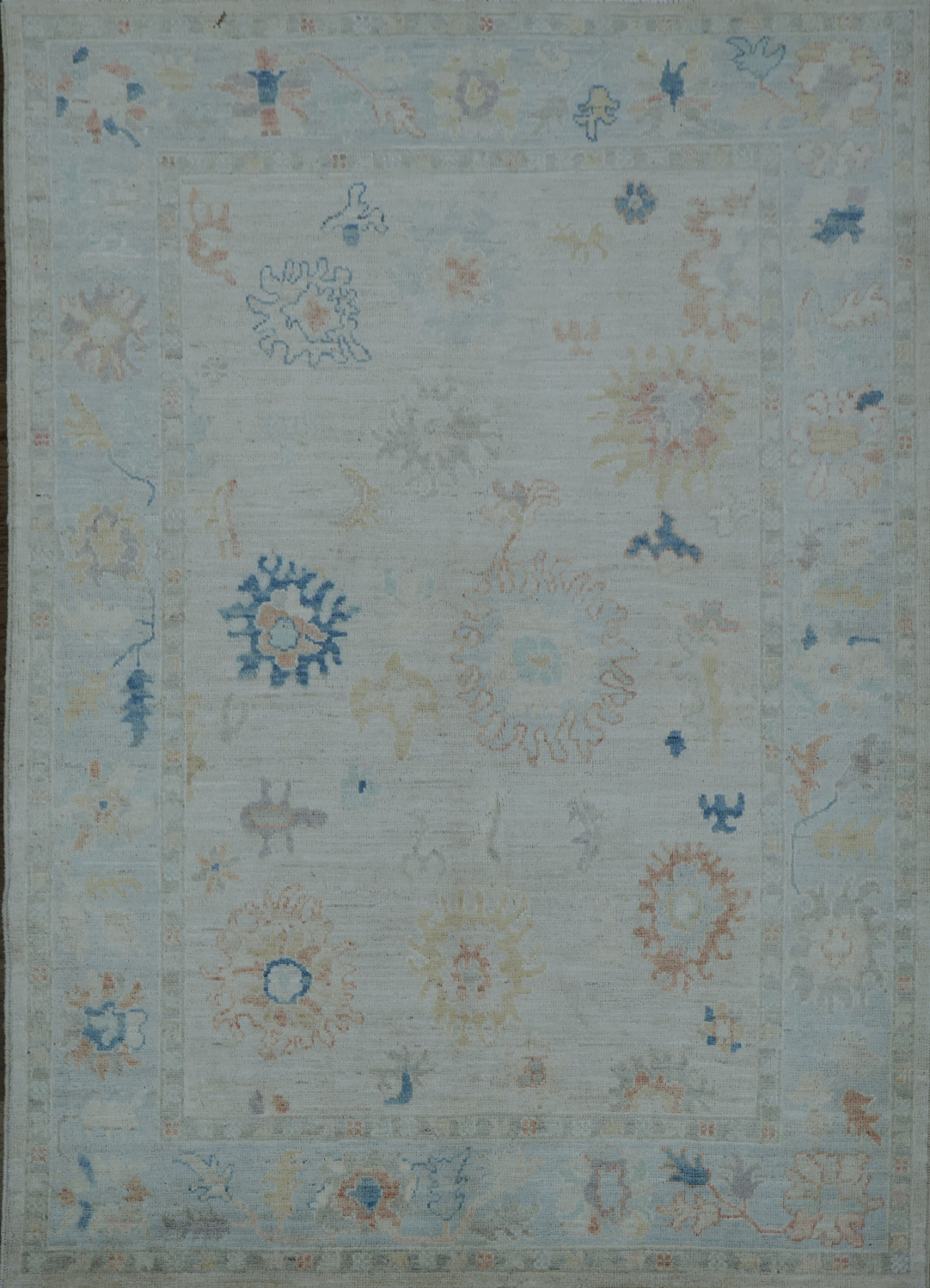 Muted Beige and Pastel Blue Turkish Rug Featuring Delicate, Artistic Patterns 5x7