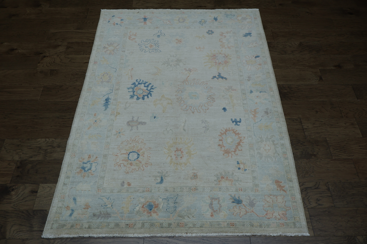 Muted Beige and Pastel Blue Turkish Rug Featuring Delicate, Artistic Patterns 5x7