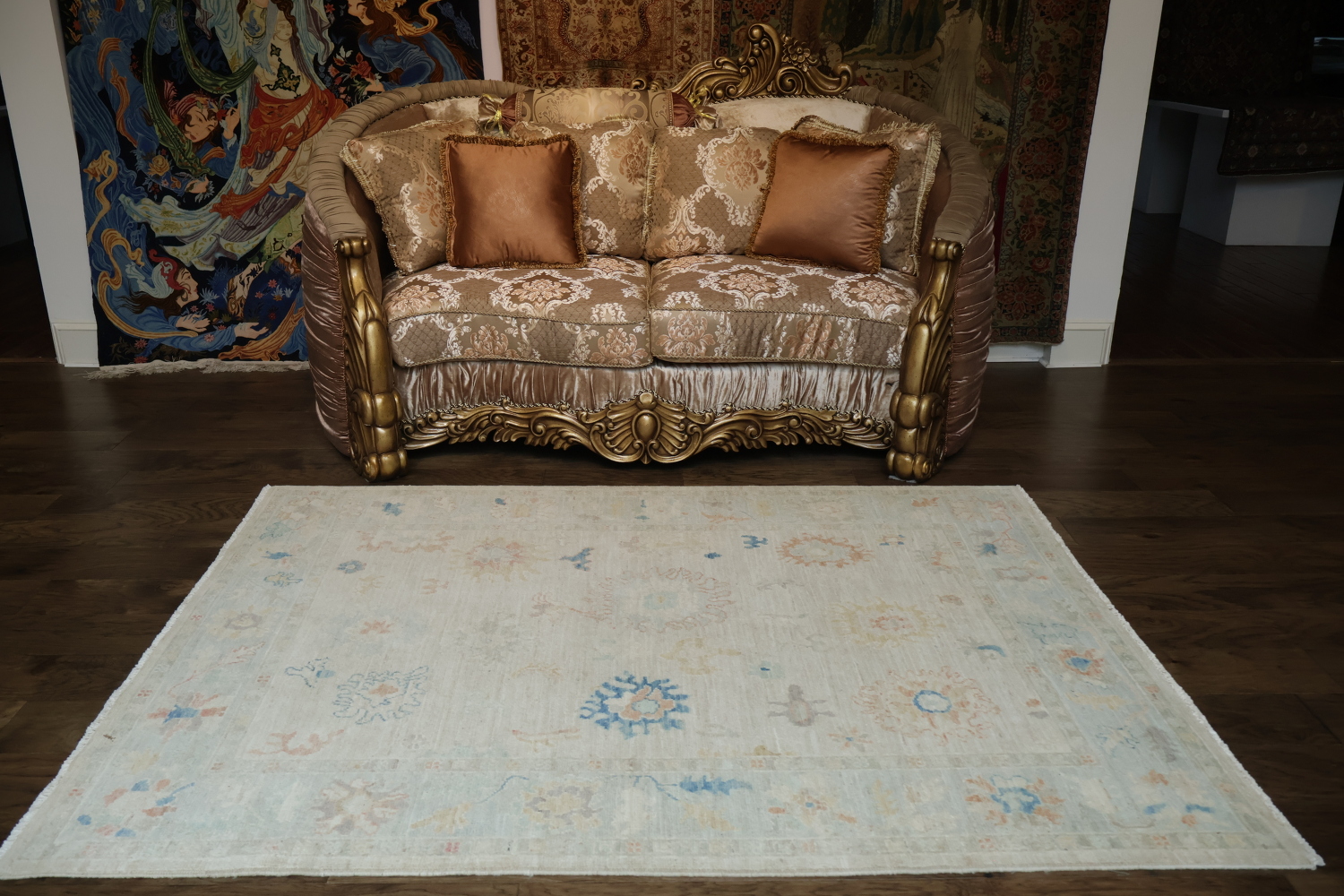 Muted Beige and Pastel Blue Turkish Rug Featuring Delicate, Artistic Patterns 5x7