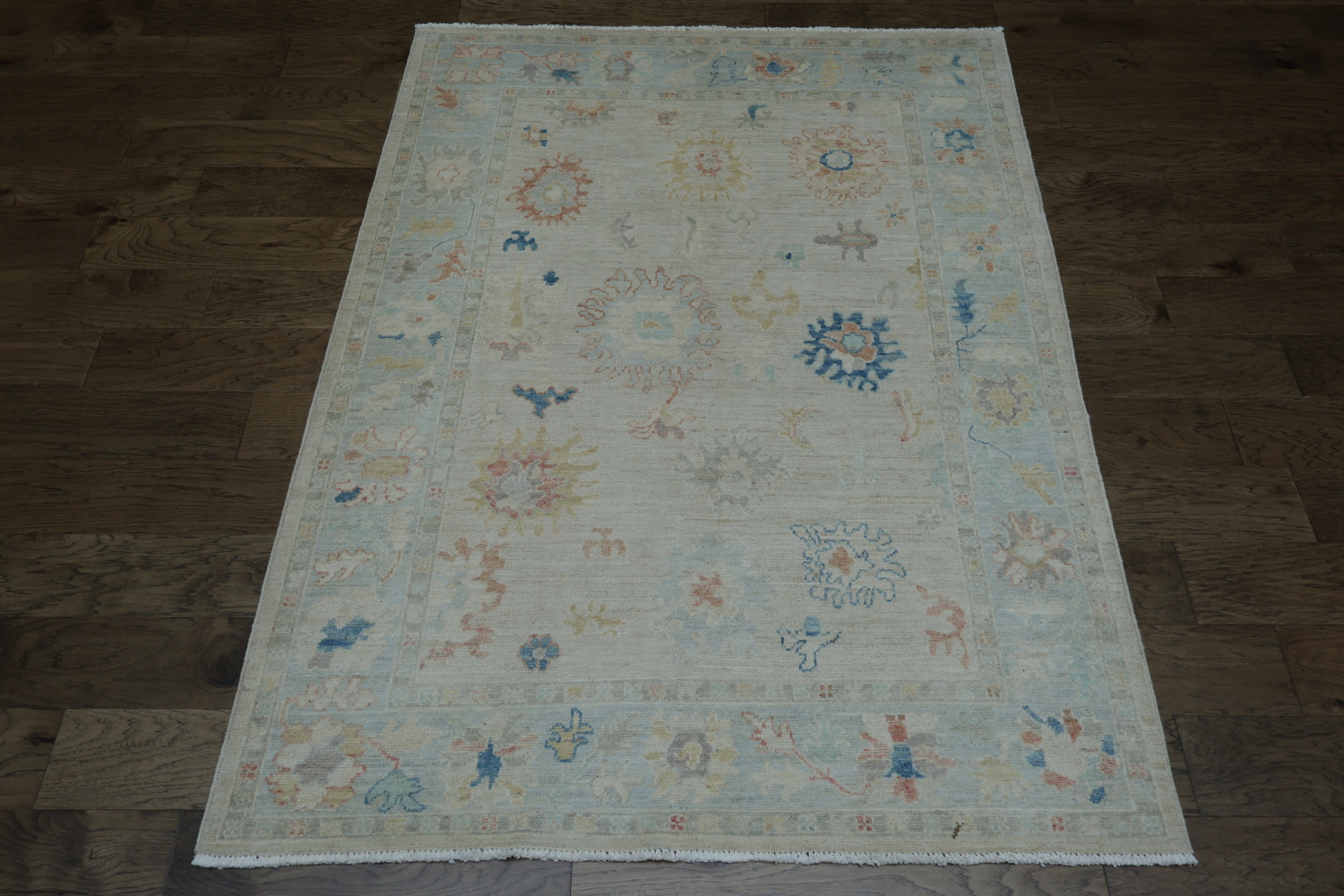 Muted Beige and Pastel Blue Turkish Rug Featuring Delicate, Artistic Patterns 5x7