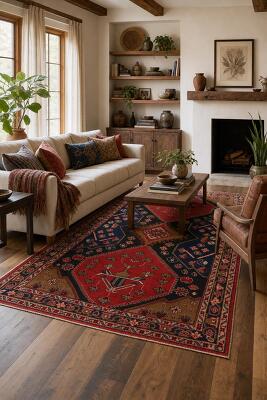 Navy Blue & Orange Wool Khotan Oriental Accent Rug 4x6