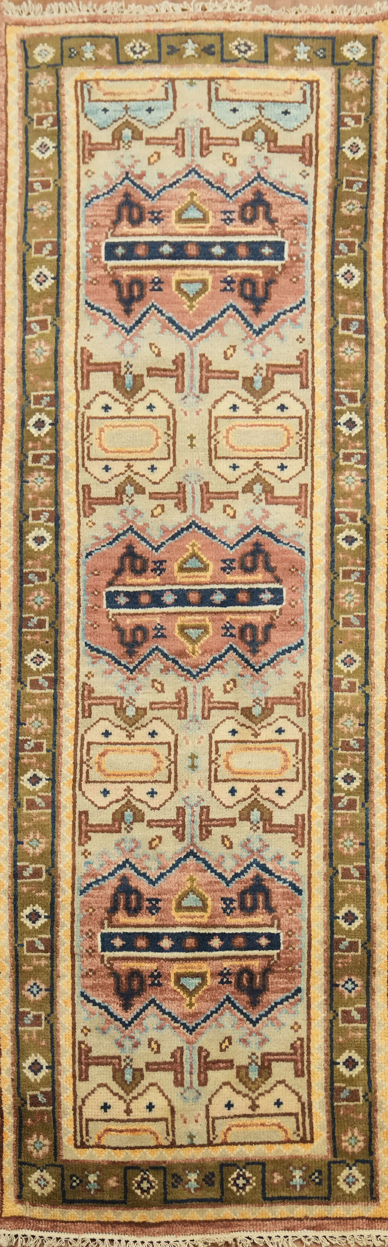 Elegant 8ft Geometric Pattern on Vintage Tribal Rug Runner in Multicolor