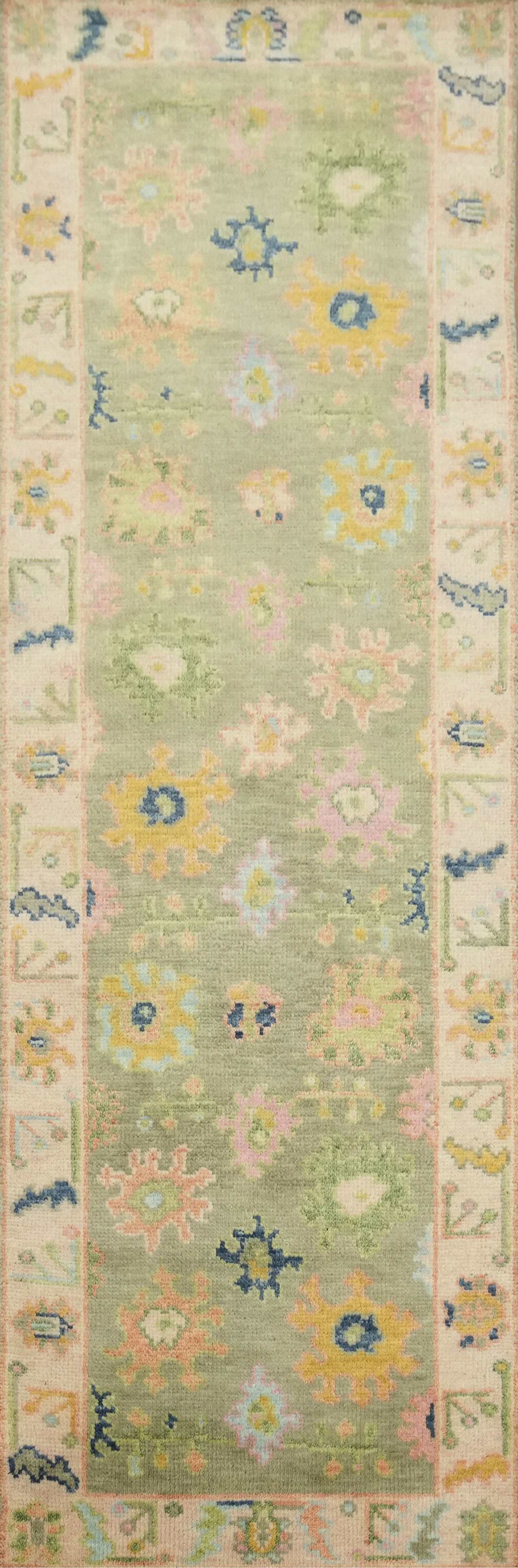 Traditional Oushak 8ft Hand-Knotted Wool Runner Rug in Green & Ivory Tones