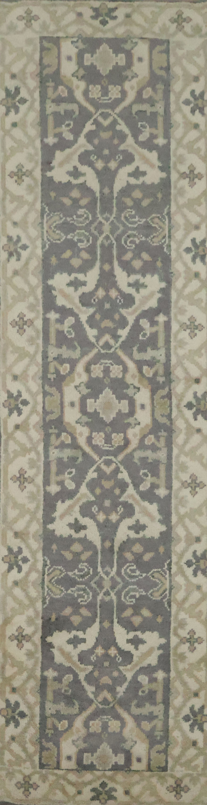 Elegant 10 Ft Oushak Runner Rug in All-Over Charcoal, Sage Green & Ivory Tones