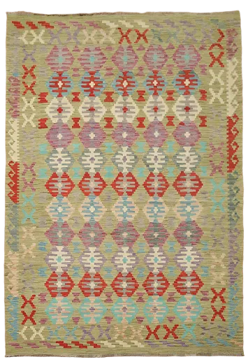 All-Over Green Kilim Wool Area Rug 7x10
