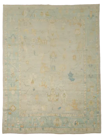 Floral Oushak  Turkish Muted Green Vegetable Dye Area Rug 9x12