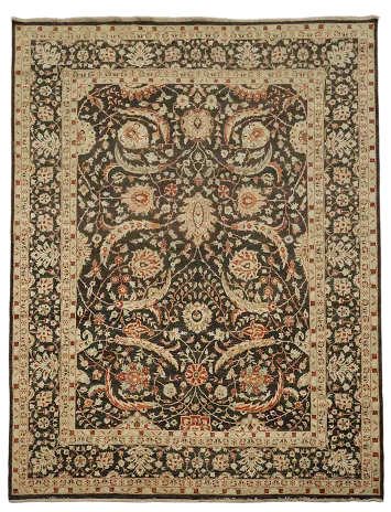 Classic Traditional Dark Brown Pakistani Rug with Detailed Border 9x12