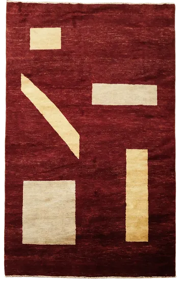 Modern geometric rug with bold burgundy and beige abstract forms 6'x8'